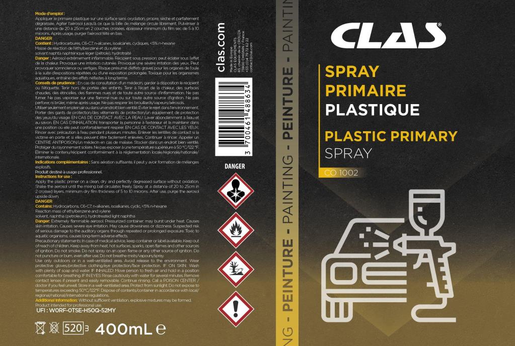 Revêtement de protection (Réparation carrosserie) CLAS Spray primaire plastique 400ml - ref. CO 1002
